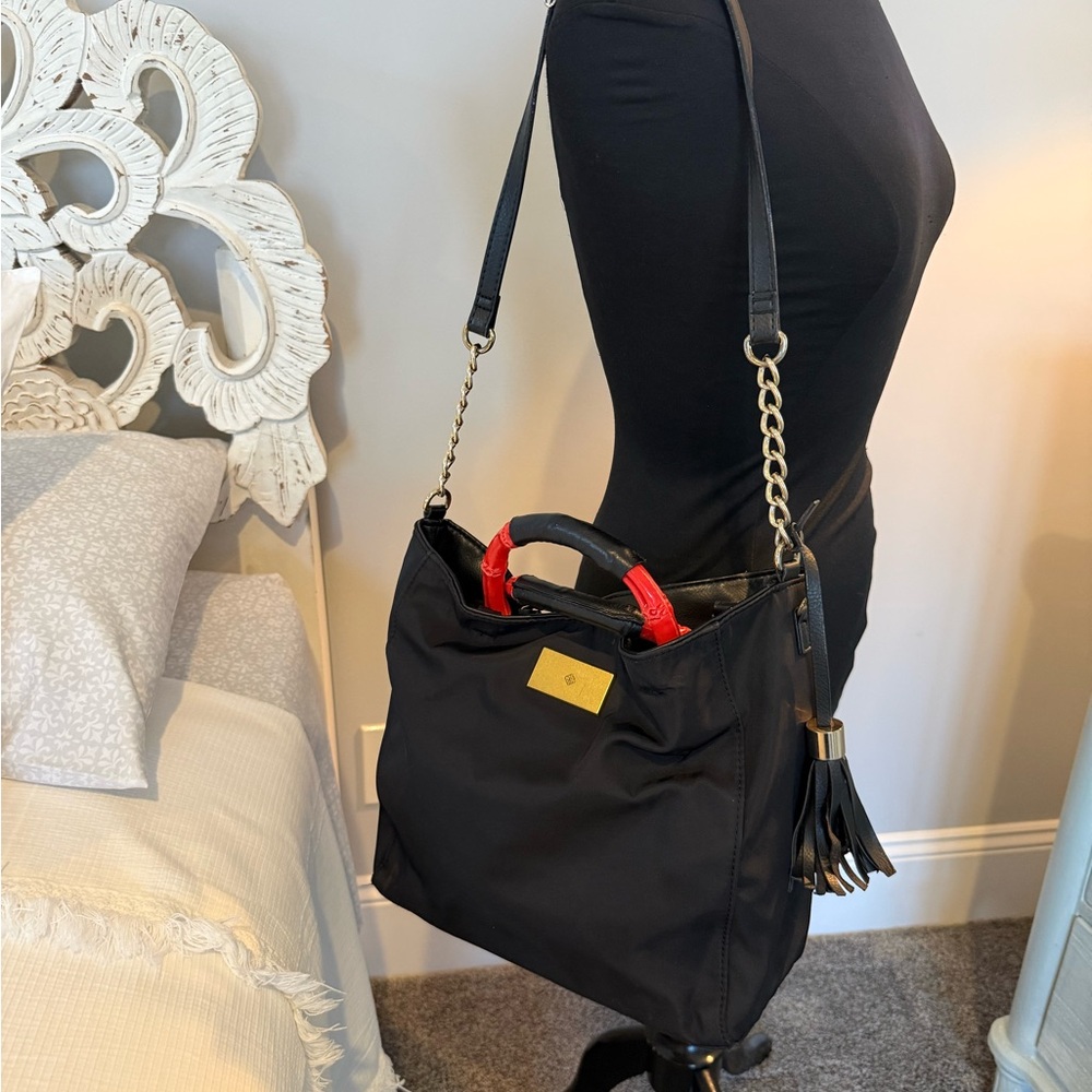 Antonio Melani Black leather tote w/ red accents